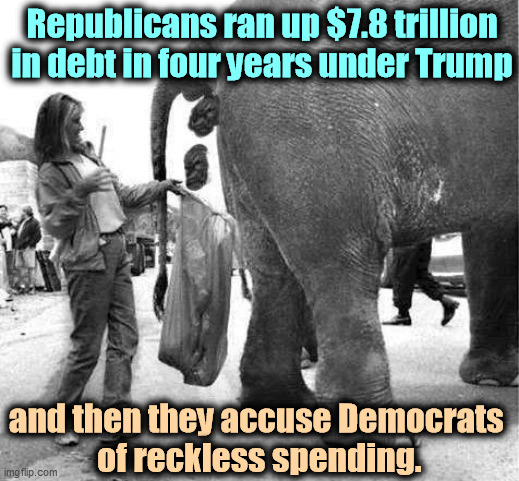 It's the old GOP Amnesia Con. | Republicans ran up $7.8 trillion in debt in four years under Trump; and then they accuse Democrats 
of reckless spending. | image tagged in republican,spending,amnesia,hypocrisy | made w/ Imgflip meme maker