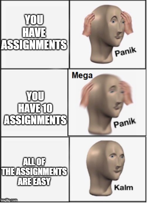 Mega Panik | YOU HAVE ASSIGNMENTS; YOU HAVE 10 ASSIGNMENTS; ALL OF THE ASSIGNMENTS ARE EASY | image tagged in mega panik | made w/ Imgflip meme maker