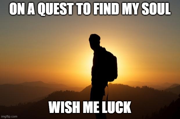 contact me if you find my soul | ON A QUEST TO FIND MY SOUL; WISH ME LUCK | image tagged in traveler on a pilgrm journey,this is not okie dokie,help | made w/ Imgflip meme maker
