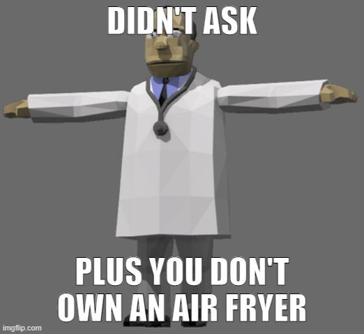 Didn't Ask | DIDN'T ASK; PLUS YOU DON'T OWN AN AIR FRYER | image tagged in no one cares,air fryer,road rage unused dr hibbert | made w/ Imgflip meme maker
