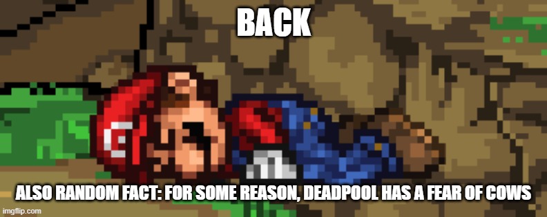 SSF2 dead Mario | BACK; ALSO RANDOM FACT: FOR SOME REASON, DEADPOOL HAS A FEAR OF COWS | image tagged in ssf2 dead mario | made w/ Imgflip meme maker