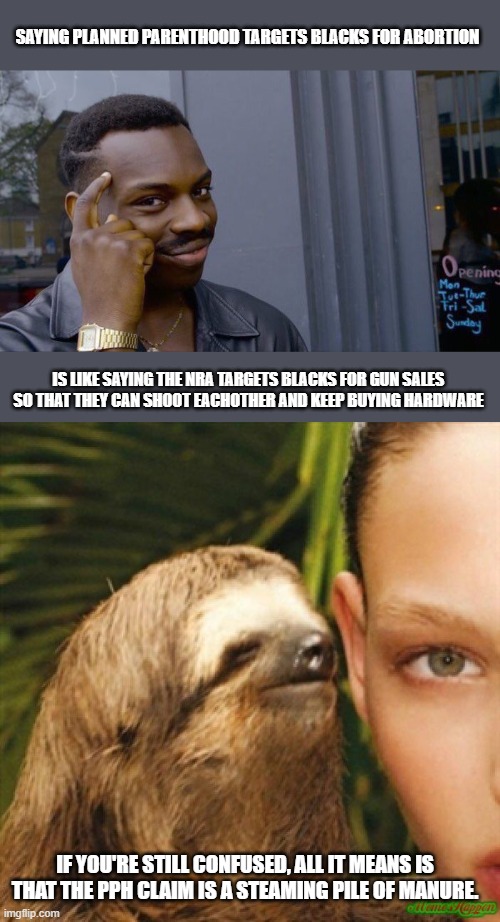 NRA is guilty of genocide! | SAYING PLANNED PARENTHOOD TARGETS BLACKS FOR ABORTION; IS LIKE SAYING THE NRA TARGETS BLACKS FOR GUN SALES SO THAT THEY CAN SHOOT EACHOTHER AND KEEP BUYING HARDWARE; IF YOU'RE STILL CONFUSED, ALL IT MEANS IS THAT THE PPH CLAIM IS A STEAMING PILE OF MANURE. | image tagged in memes,roll safe think about it,sloth whisper,nra,black lives matter,planned parenthood | made w/ Imgflip meme maker