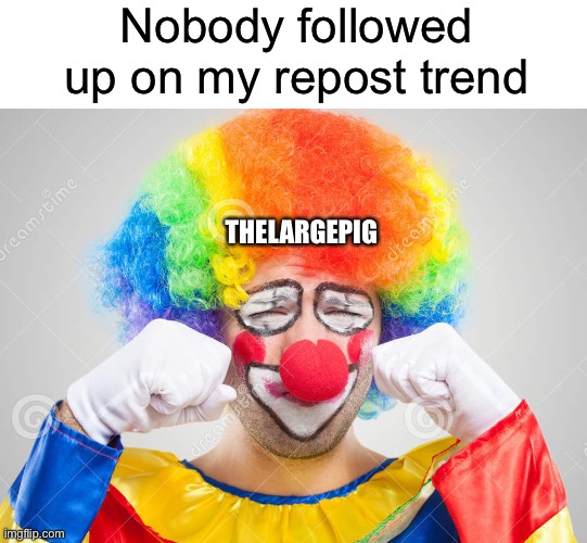 so sad now | Nobody followed up on my repost trend; THELARGEPIG | image tagged in clown crying,funny | made w/ Imgflip meme maker