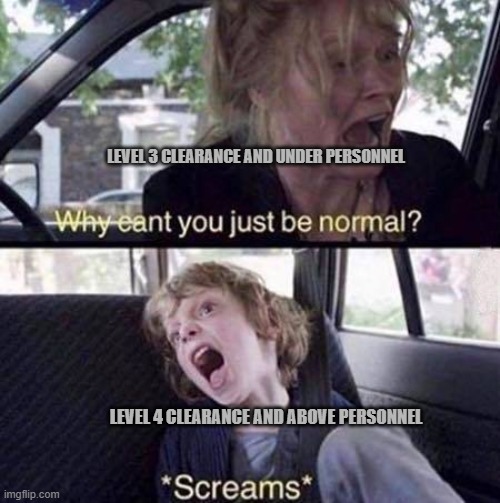 Why Can't You Just Be Normal | LEVEL 3 CLEARANCE AND UNDER PERSONNEL; LEVEL 4 CLEARANCE AND ABOVE PERSONNEL | image tagged in why can't you just be normal | made w/ Imgflip meme maker