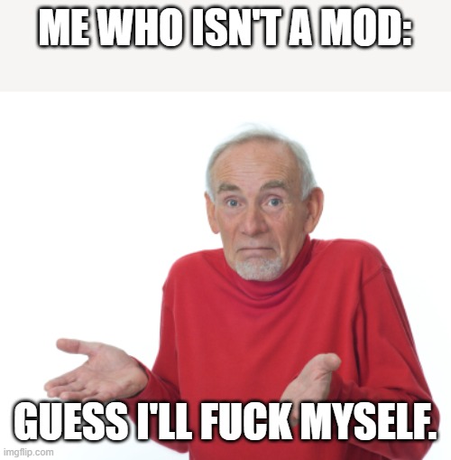 Old Man Shrugging | ME WHO ISN'T A MOD: GUESS I'LL FUCK MYSELF. | image tagged in old man shrugging | made w/ Imgflip meme maker