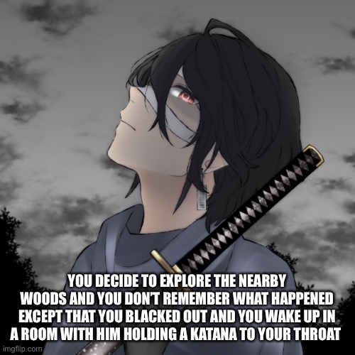 Takes place in medieval times | YOU DECIDE TO EXPLORE THE NEARBY WOODS AND YOU DON’T REMEMBER WHAT HAPPENED EXCEPT THAT YOU BLACKED OUT AND YOU WAKE UP IN A ROOM WITH HIM HOLDING A KATANA TO YOUR THROAT | made w/ Imgflip meme maker