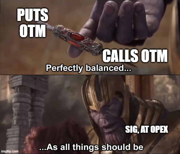 Thanos perfectly balanced as all things should be | PUTS OTM; CALLS OTM; SIG, AT OPEX | image tagged in thanos perfectly balanced as all things should be | made w/ Imgflip meme maker