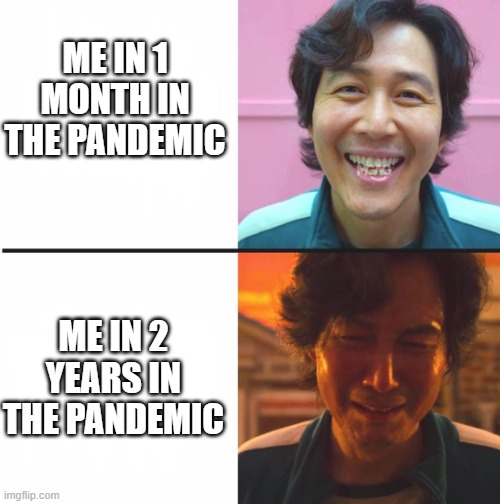 ;-; | ME IN 1 MONTH IN THE PANDEMIC; ME IN 2 YEARS IN THE PANDEMIC | image tagged in squid game before and after meme | made w/ Imgflip meme maker