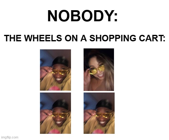 Blank White Template | NOBODY:; THE WHEELS ON A SHOPPING CART: | image tagged in blank white template,memes,crying black man then golden glasses black man | made w/ Imgflip meme maker