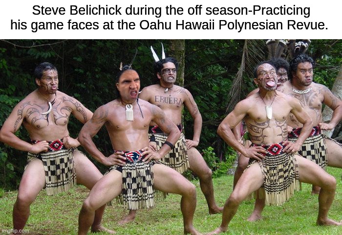 Why Steve Belichick made those faces on Sunday Night Football | Steve Belichick during the off season-Practicing his game faces at the Oahu Hawaii Polynesian Revue. | image tagged in steve belichick,sunday night football,nfl memes,nfl football,new england patriots,funny memes | made w/ Imgflip meme maker