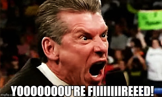 Vince McMahon - YOU'RE FIRED!!! | YOOOOOOOU'RE FIIIIIIIIREEED! | image tagged in vince mcmahon - you're fired | made w/ Imgflip meme maker