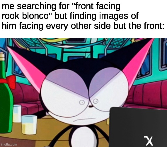 cyborg kuro chan wtf | me searching for "front facing rook blonco" but finding images of him facing every other side but the front: | image tagged in cyborg kuro chan wtf | made w/ Imgflip meme maker