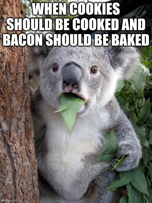 Surprised Koala |  WHEN COOKIES SHOULD BE COOKED AND BACON SHOULD BE BAKED | image tagged in memes,surprised koala | made w/ Imgflip meme maker