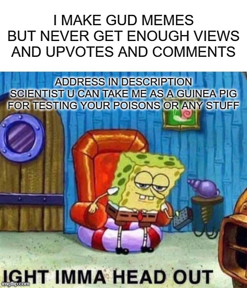 ima guinea pig for scientists is okay better than not being gud memer | I MAKE GUD MEMES BUT NEVER GET ENOUGH VIEWS AND UPVOTES AND COMMENTS; ADDRESS IN DESCRIPTION
SCIENTIST U CAN TAKE ME AS A GUINEA PIG FOR TESTING YOUR POISONS OR ANY STUFF | image tagged in memes,spongebob ight imma head out | made w/ Imgflip meme maker