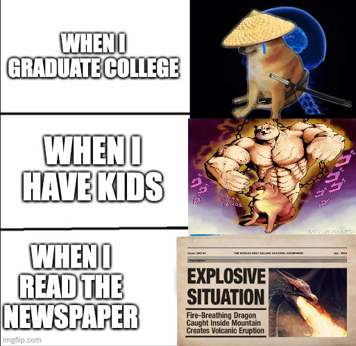 my life | WHEN I GRADUATE COLLEGE; WHEN I HAVE KIDS; WHEN I READ THE NEWSPAPER | image tagged in galaxy brain 3 brains | made w/ Imgflip meme maker