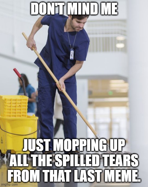 Tell this nice man hello and thank you, or else he will haunt u forever | DON'T MIND ME; JUST MOPPING UP ALL THE SPILLED TEARS FROM THAT LAST MEME. | image tagged in man mopping the floor | made w/ Imgflip meme maker