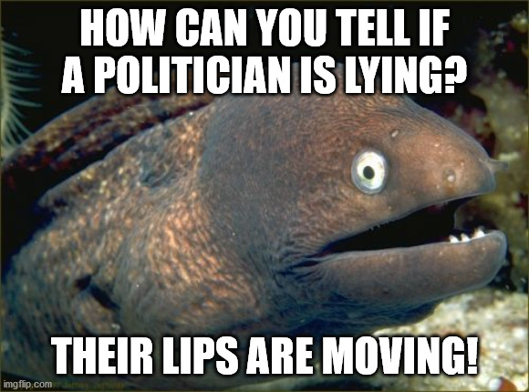 Bad Joke Eel Meme | HOW CAN YOU TELL IF A POLITICIAN IS LYING? THEIR LIPS ARE MOVING! | image tagged in memes,bad joke eel | made w/ Imgflip meme maker