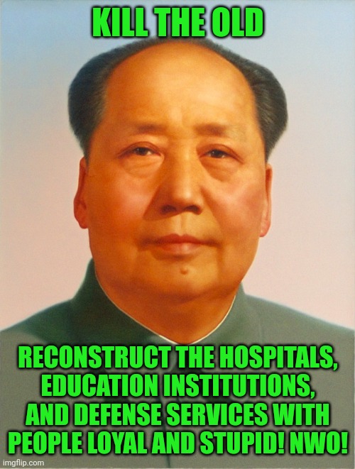 Mao Zedong | KILL THE OLD RECONSTRUCT THE HOSPITALS, EDUCATION INSTITUTIONS, AND DEFENSE SERVICES WITH PEOPLE LOYAL AND STUPID! NWO! | image tagged in mao zedong | made w/ Imgflip meme maker