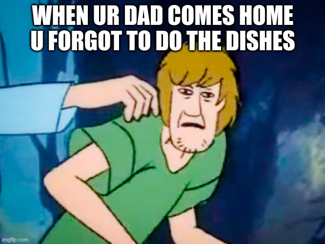Shaggy meme | WHEN UR DAD COMES HOME U FORGOT TO DO THE DISHES | image tagged in shaggy meme | made w/ Imgflip meme maker