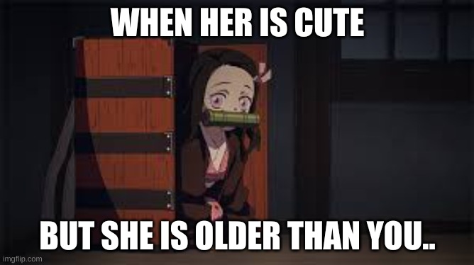 Demon Slayer Nezuko | WHEN HER IS CUTE; BUT SHE IS OLDER THAN YOU.. | image tagged in demon slayer nezuko | made w/ Imgflip meme maker