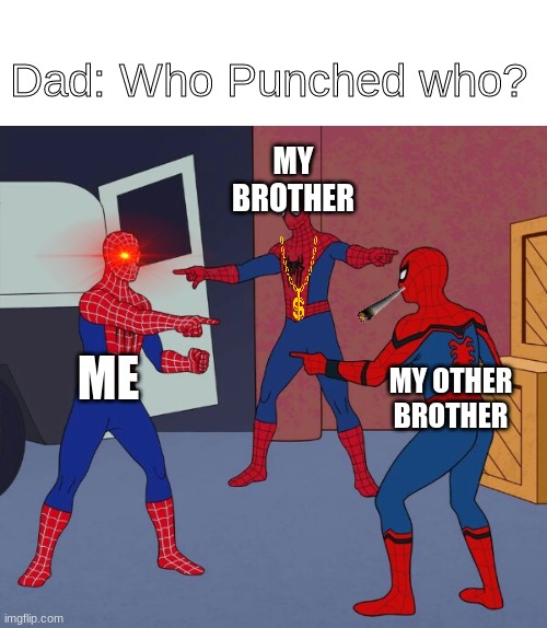 Spider Man Triple | Dad: Who Punched who? MY BROTHER; ME; MY OTHER BROTHER | image tagged in spider man triple | made w/ Imgflip meme maker