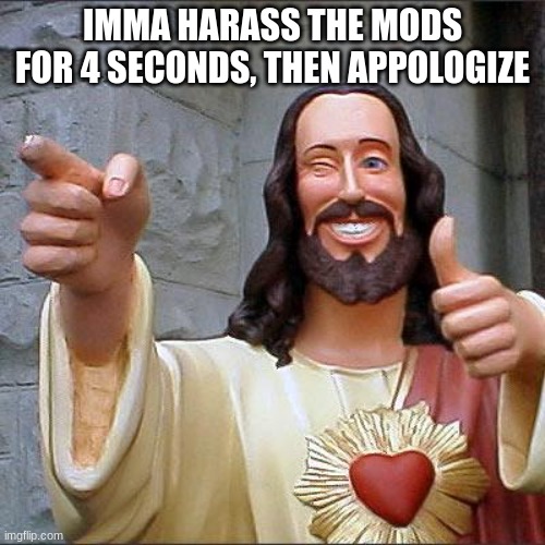 Buddy Christ Meme | IMMA HARASS THE MODS FOR 4 SECONDS, THEN APPOLOGIZE | image tagged in memes,buddy christ | made w/ Imgflip meme maker