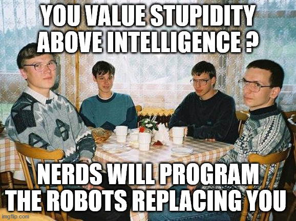 A society where idiots are valued is on the verge of collapse | YOU VALUE STUPIDITY ABOVE INTELLIGENCE ? NERDS WILL PROGRAM THE ROBOTS REPLACING YOU | image tagged in funny,fun,funny memes,future,work,idiot | made w/ Imgflip meme maker