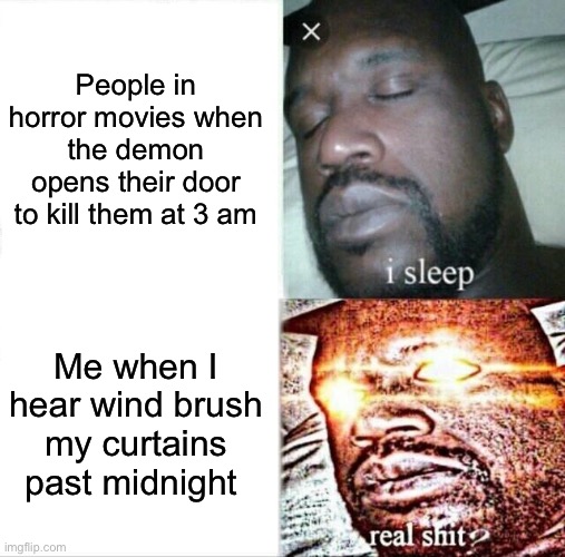 Daily relatable memes #22 | People in horror movies when the demon opens their door to kill them at 3 am; Me when I hear wind brush my curtains past midnight | image tagged in memes,sleeping shaq | made w/ Imgflip meme maker