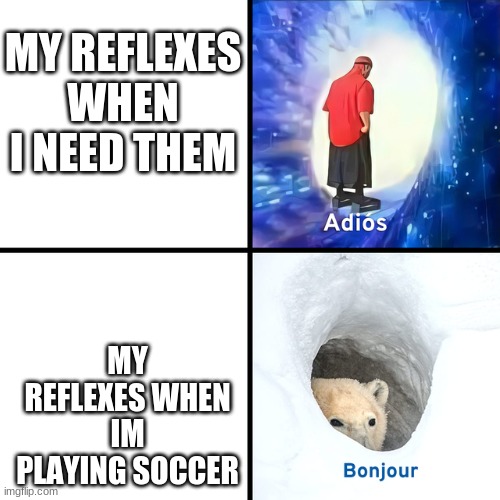 reflex | MY REFLEXES WHEN I NEED THEM; MY REFLEXES WHEN IM PLAYING SOCCER | image tagged in adios bonjour,soccer | made w/ Imgflip meme maker