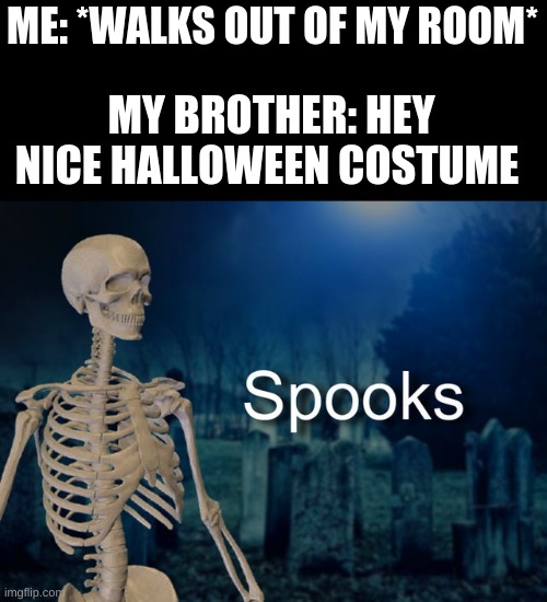 Meme Man Spooks | ME: *WALKS OUT OF MY ROOM*; MY BROTHER: HEY NICE HALLOWEEN COSTUME | image tagged in meme man spooks | made w/ Imgflip meme maker