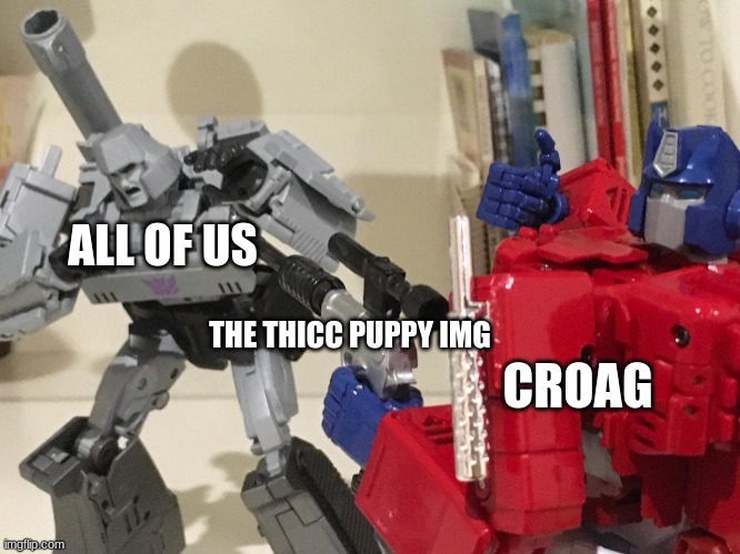 Optimus shoots megatron | ALL OF US; THE THICC PUPPY IMG; CROAG | image tagged in optimus shoots megatron | made w/ Imgflip meme maker