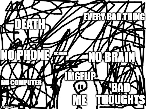 s | EVERY BAD THING; DEATH; NO PHONE; SCHOOL; NO BRAIN; IMGFLIP; NO COMPUTER; BAD THOUGHTS; ME | image tagged in s | made w/ Imgflip meme maker