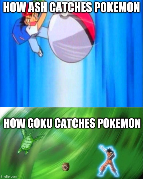 Goku pokemon  catches | HOW ASH CATCHES POKEMON; HOW GOKU CATCHES POKEMON | image tagged in blank white template | made w/ Imgflip meme maker