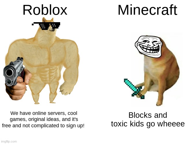 Roblox>Minecraft | Roblox; Minecraft; We have online servers, cool games, original ideas, and it's free and not complicated to sign up! Blocks and toxic kids go wheeee | image tagged in memes,buff doge vs cheems | made w/ Imgflip meme maker
