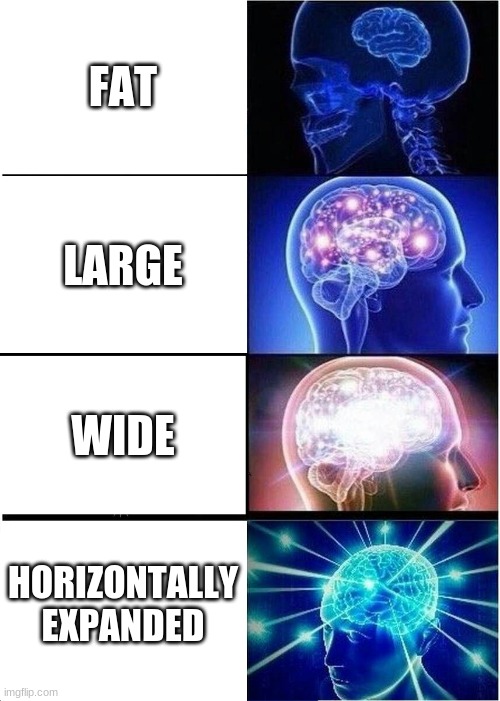 Ways to say "Fat" | FAT; LARGE; WIDE; HORIZONTALLY EXPANDED | image tagged in memes,expanding brain | made w/ Imgflip meme maker