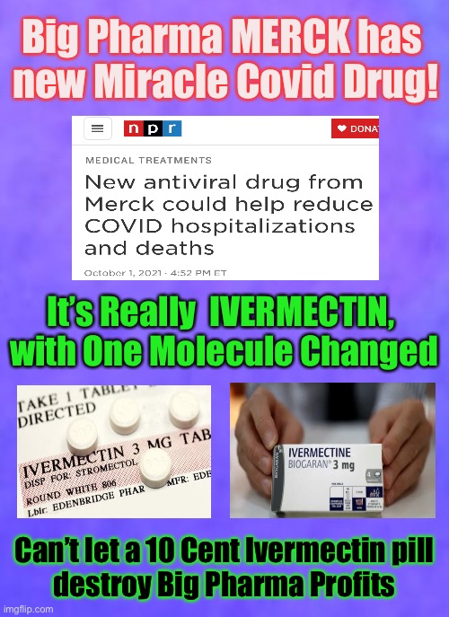 Cheap, off-Patent Covid Cure gets RePackaged.  Now, THEY can Save Face, AND make More MONEY! | Big Pharma MERCK has 
new Miracle Covid Drug! It’s Really  IVERMECTIN, 
with One Molecule Changed; Can’t let a 10 Cent Ivermectin pill
destroy Big Pharma Profits | image tagged in memes,covid,cure,drugs,big pharma,they | made w/ Imgflip meme maker