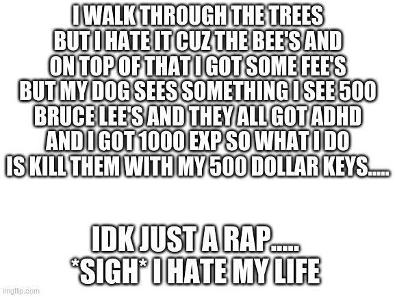 idk it's cheesy | I WALK THROUGH THE TREES BUT I HATE IT CUZ THE BEE'S AND ON TOP OF THAT I GOT SOME FEE'S BUT MY DOG SEES SOMETHING I SEE 500 BRUCE LEE'S AND THEY ALL GOT ADHD AND I GOT 1000 EXP SO WHAT I DO IS KILL THEM WITH MY 500 DOLLAR KEYS..... IDK JUST A RAP..... *SIGH* I HATE MY LIFE | image tagged in blank white template | made w/ Imgflip meme maker