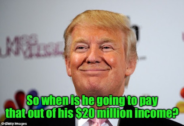 Donald trump approves | So when is he going to pay that out of his $20 million income? | image tagged in donald trump approves | made w/ Imgflip meme maker