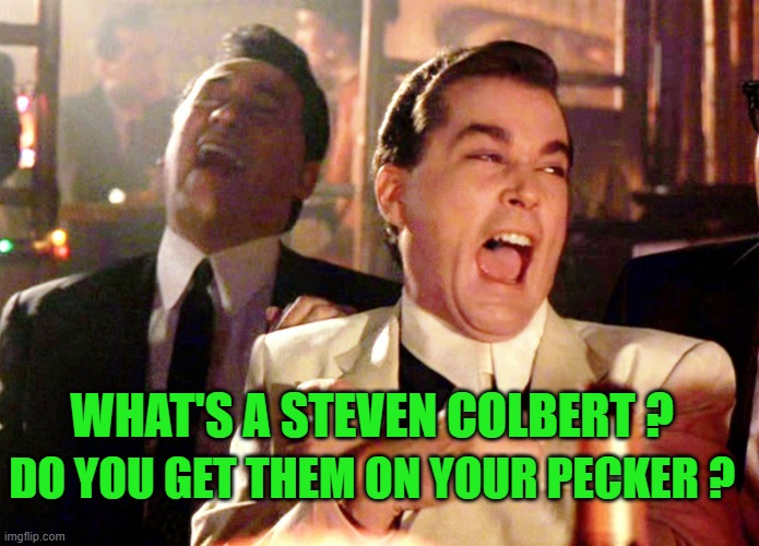 Good Fellas Hilarious Meme | WHAT'S A STEVEN COLBERT ? DO YOU GET THEM ON YOUR PECKER ? | image tagged in memes,good fellas hilarious | made w/ Imgflip meme maker