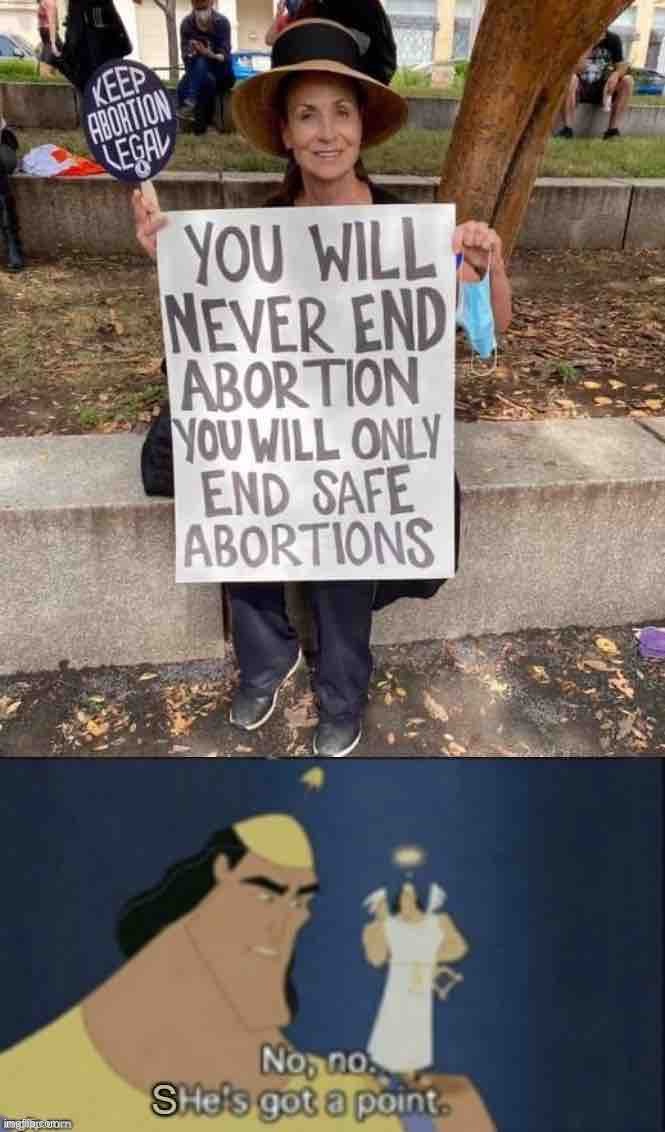 image tagged in you will never end abortion,no no she's got a point | made w/ Imgflip meme maker