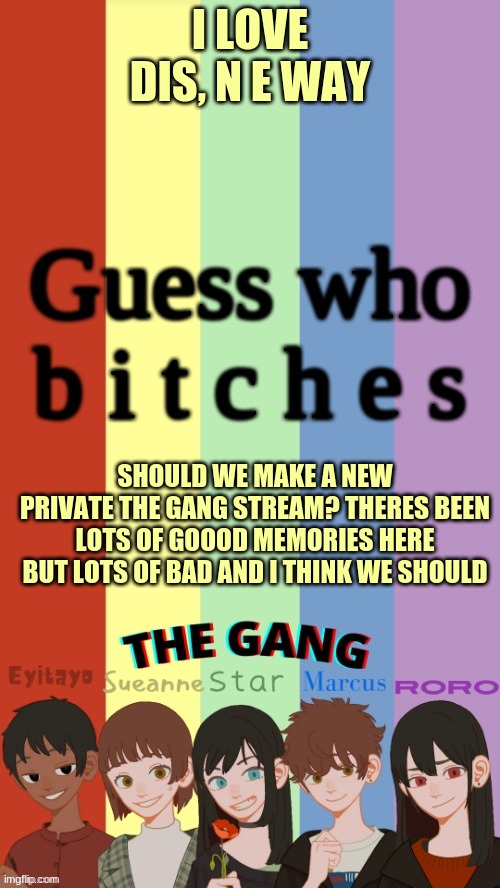 I LOVE DIS, N E WAY; SHOULD WE MAKE A NEW PRIVATE THE GANG STREAM? THERES BEEN LOTS OF GOOOD MEMORIES HERE BUT LOTS OF BAD AND I THINK WE SHOULD | made w/ Imgflip meme maker