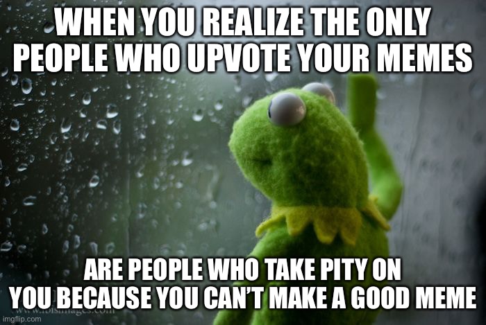 Literally me | WHEN YOU REALIZE THE ONLY PEOPLE WHO UPVOTE YOUR MEMES; ARE PEOPLE WHO TAKE PITY ON YOU BECAUSE YOU CAN’T MAKE A GOOD MEME | image tagged in kermit window | made w/ Imgflip meme maker