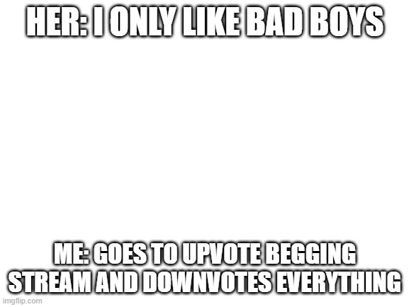 hehe boi | HER: I ONLY LIKE BAD BOYS; ME: GOES TO UPVOTE BEGGING STREAM AND DOWNVOTES EVERYTHING | image tagged in blank white template | made w/ Imgflip meme maker