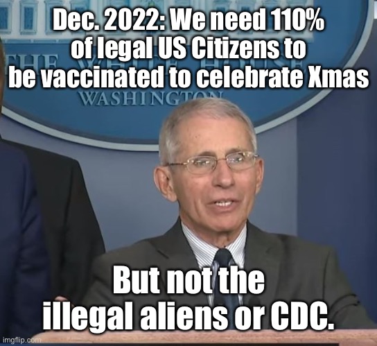Dr Fauci | Dec. 2022: We need 110% of legal US Citizens to be vaccinated to celebrate Xmas But not the illegal aliens or CDC. | image tagged in dr fauci | made w/ Imgflip meme maker