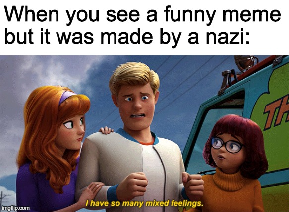 I have so many mixed feelings | When you see a funny meme but it was made by a nazi: | image tagged in i have so many mixed feelings | made w/ Imgflip meme maker