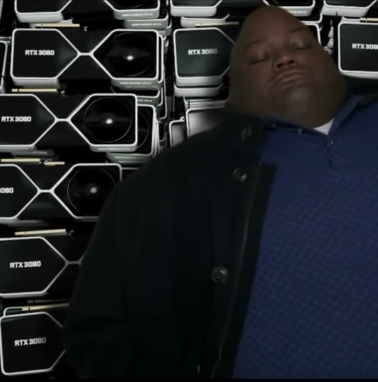 Guy laying on stack of RTX 3080s Blank Meme Template