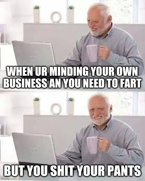 wut?yva | WHEN UR MINDING YOUR OWN BUSINESS AN YOU NEED TO FART; BUT YOU SHIT YOUR PANTS | image tagged in memes,hide the pain harold | made w/ Imgflip meme maker