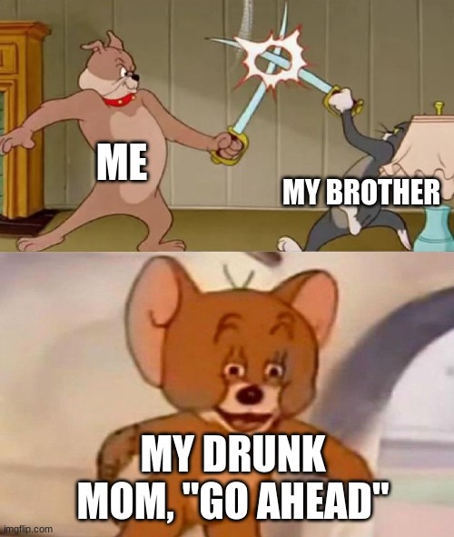 Life | ME; MY BROTHER; MY DRUNK MOM, "GO AHEAD" | image tagged in tom and jerry swordfight | made w/ Imgflip meme maker