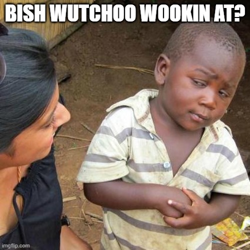 Third World Skeptical Kid Meme | BISH WUTCHOO WOOKIN AT? | image tagged in memes,third world skeptical kid | made w/ Imgflip meme maker