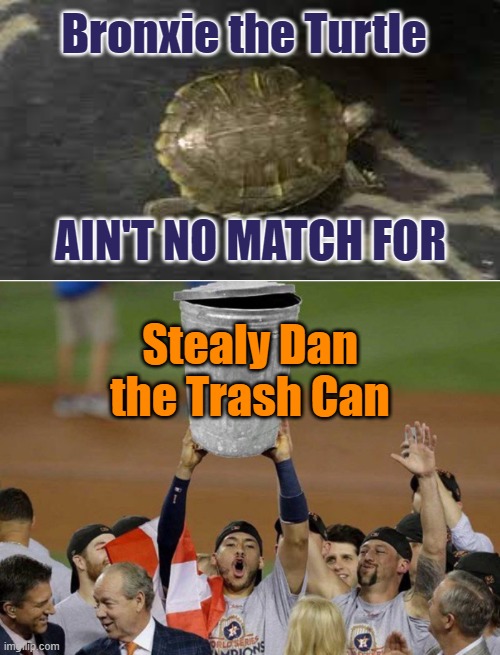 October Orange & Midnight Blues |  Bronxie the Turtle; AIN'T NO MATCH FOR; Stealy Dan the Trash Can | image tagged in yankees,astros,mascots,mlb baseball | made w/ Imgflip meme maker
